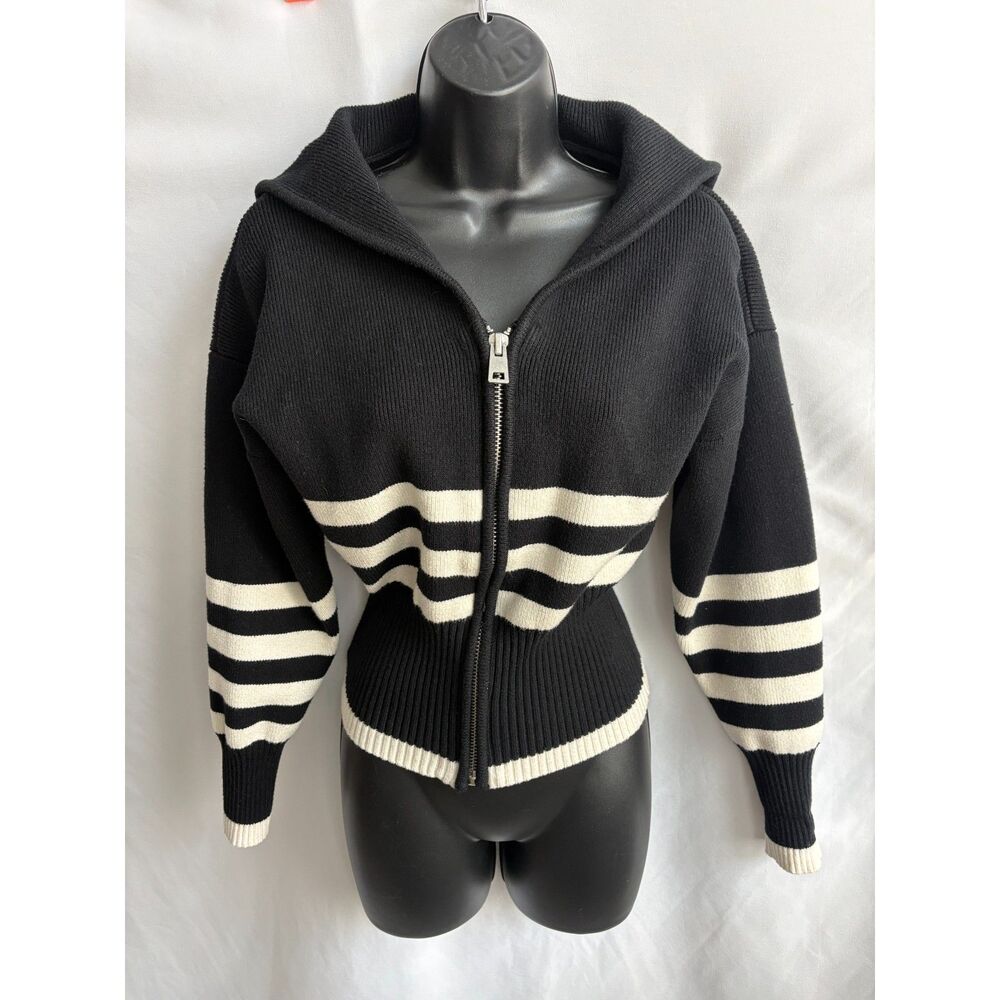 Promesa Striped Black Knit Full Zip Cardigan Sweater Size M Fitted Classic Basic